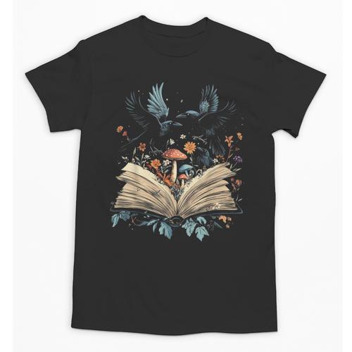 Book Lover Crow Cottagecore Flowers Book Unisex T-Shirt - Bookorys DE