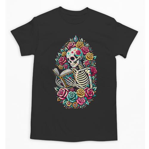Book Lover Skeleton Reading With Dia De Los Muertos Flowers Unisex T-Shirt - Bookorys