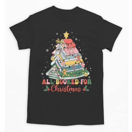 All Booked For Christmas Book Lovers Xmas Tree Lights Unisex T-Shirt - Bookorys AU