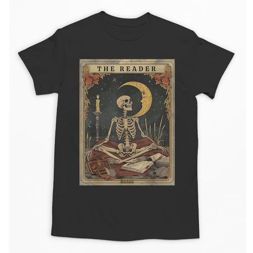 Books Lover Book Novels Reading Halloween Costumes Cottagecore Skeleton Aesthetic Tarot Card The Reader Graphic Unisex T-Shirt - Bookorys