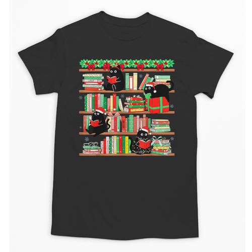 Christmas Cat Santa Bookshelves Book Lover Reader Unisex T-Shirt - Bookorys AU