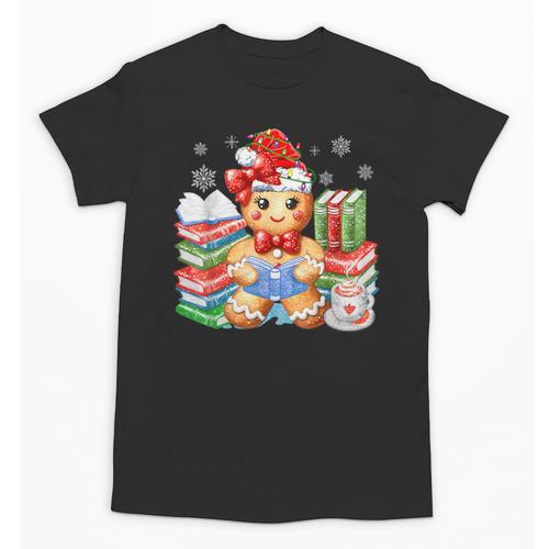 Christmas Gingerbread Man Reading Book Snowflake Teacher Unisex T-Shirt - Bookorys