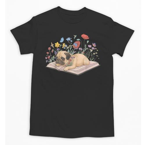 Color Floral Cute Pug Dog On Book Reading Bookworm Reader Unisex T-Shirt - Bookorys AU