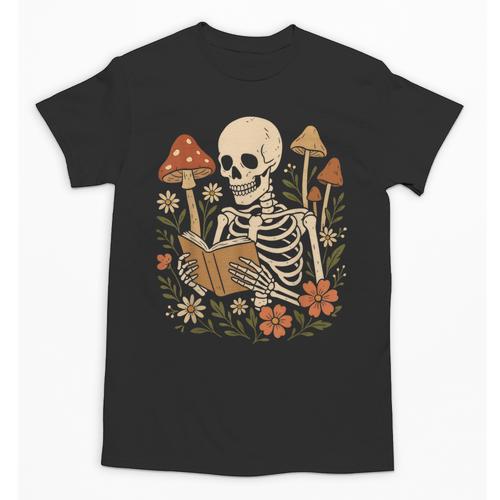 Cottagecore Aesthetic Floral Mushroom Skeleton Reading Books Unisex T-Shirt - Bookorys
