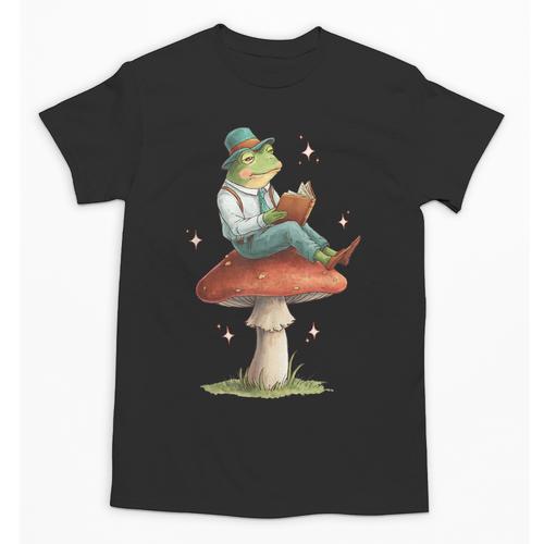 Cottagecore Aesthetic Frog Reading Book On Mushroom Vintage Unisex T-Shirt - Bookorys