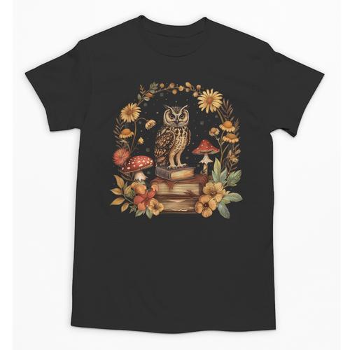 Cottagecore Aesthetic Owl Books Mushroom Witchy Floral Unisex T-Shirt - Bookorys CA