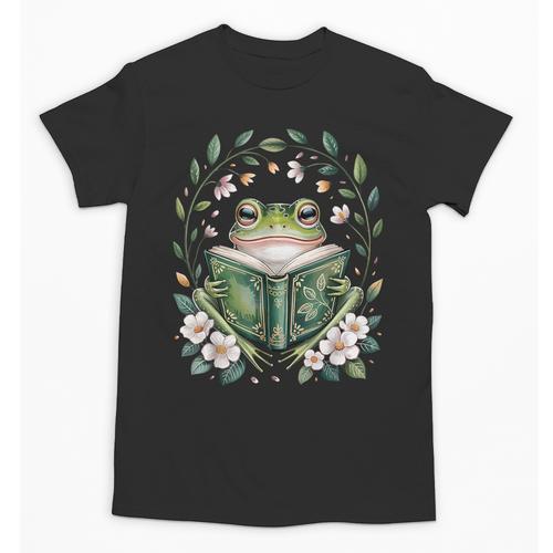 Cottagecore Whimsical Green Frog Read A Book Nature Flowers Unisex T-Shirt - Bookorys DE