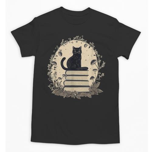 Cute Cat Sitting On Books With Mushrooms Cottage Core Unisex T-Shirt - Bookorys