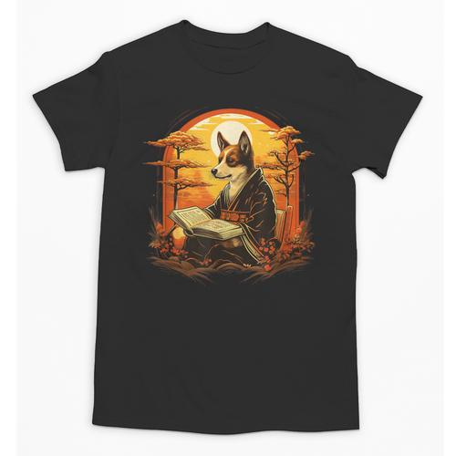 Cute Corgi Dog In Japanese Kimono With Book Men Women Girls Kids Unisex T-Shirt - Bookorys
