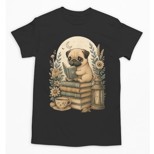 Cute Cottagecore Aesthetic Dog Pug Reading Book Nerd Unisex T-Shirt - Bookorys UK