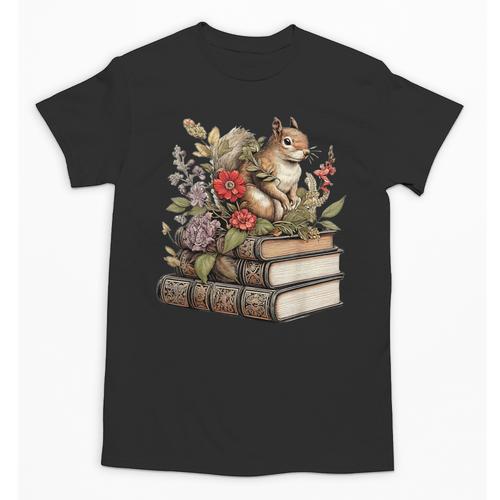 Cute Cottagecore Aesthetic Squirrel With Flowers Books Unisex T-Shirt - Bookorys AU
