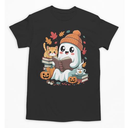 Cute Cozy Ghost Reading With Cat Book Lover Autumn Fall Unisex T-Shirt - Bookorys