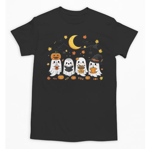 Cute Ghost Drinking Coffee Halloween Fall Ghost Book Reading Unisex T-Shirt - Bookorys