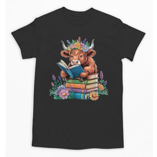 Cute Highland Cow Reading Book Baby Cow Bookworm Unisex T-Shirt - Bookorys DE