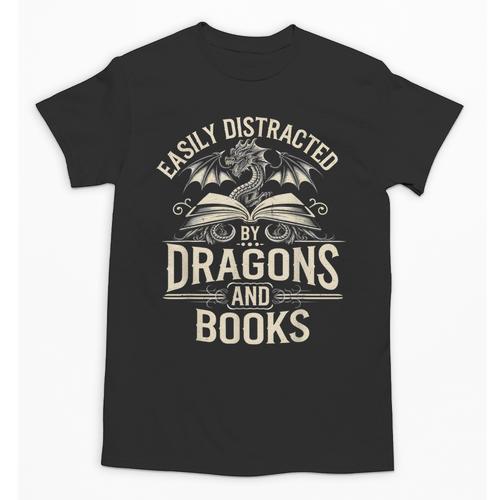 Easily Distracted By Books & Dragons Bookworm Reading Unisex T-Shirt - Bookorys