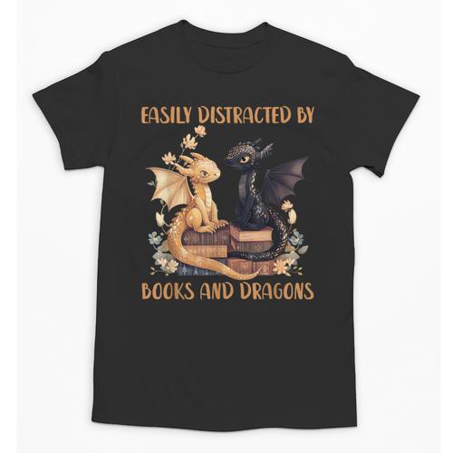 Easily Distracted By Books & Dragons Librarian Book Lover Unisex T-Shirt - Bookorys AU
