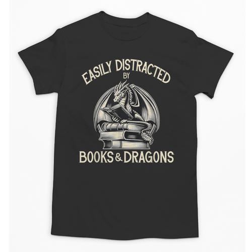 Easily Distracted By Books And Dragons Book Dragon Lover Unisex T-Shirt - Bookorys