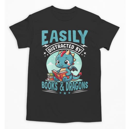 Easily Distracted By Books And Dragons Nerds Unisex T-Shirt - Bookorys