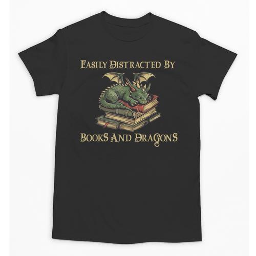 Easily Distracted By Books And Dragons Graphic Unisex T-Shirt - Bookorys