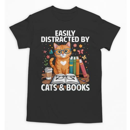 Easily Distracted By Cats And Books Book Lover Cat Unisex T-Shirt - Bookorys