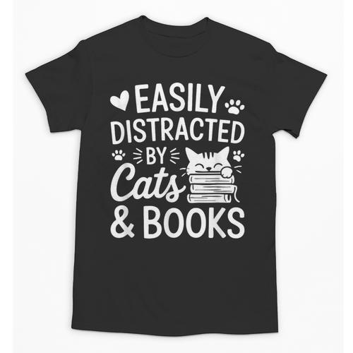 Easily Distracted By Cats And Books Reading Apparel Unisex T-Shirt - Bookorys