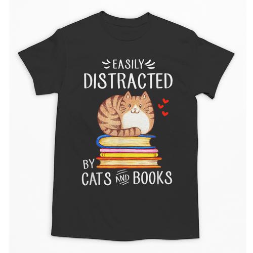Easily Distracted By Cats And Books Reading Lover Bookish Unisex T-Shirt - Bookorys AU