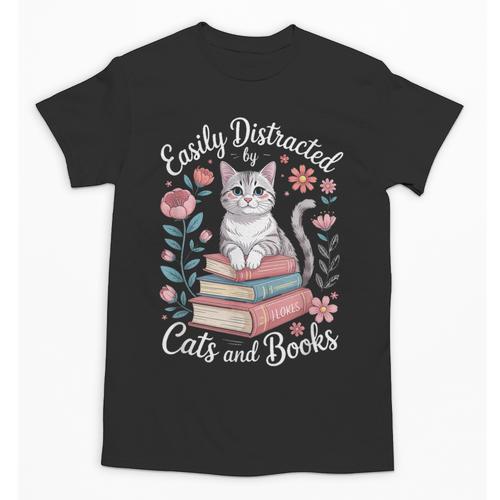 Easily Distracted By Cats And Books Reading Unisex T-Shirt - Bookorys AU