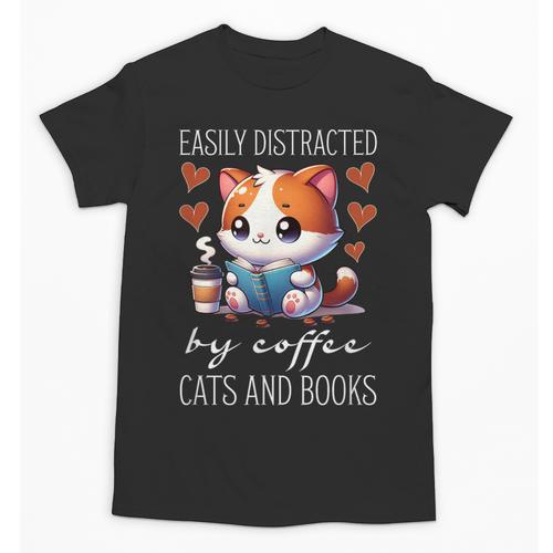Easily Distracted By Coffee Cats And Books Unisex T-Shirt - Bookorys AU