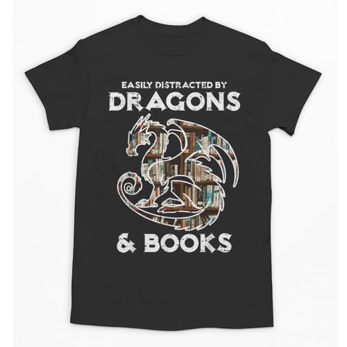 Easily Distracted By Dragons Books Bookworm Women Men Kids Unisex T-Shirt - Bookorys CA