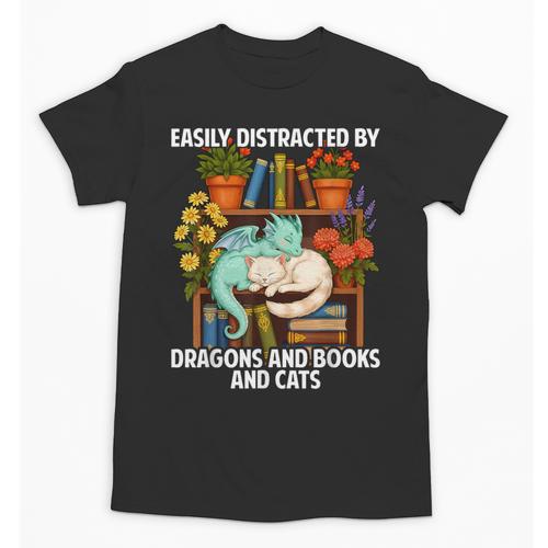Easily Distracted By Dragons Books Cats Fantasy Book Lover Unisex T-Shirt - Bookorys CA