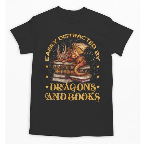 Easily Distracted By Dragons And Books Fantasy Book Lover Unisex T-Shirt - Bookorys