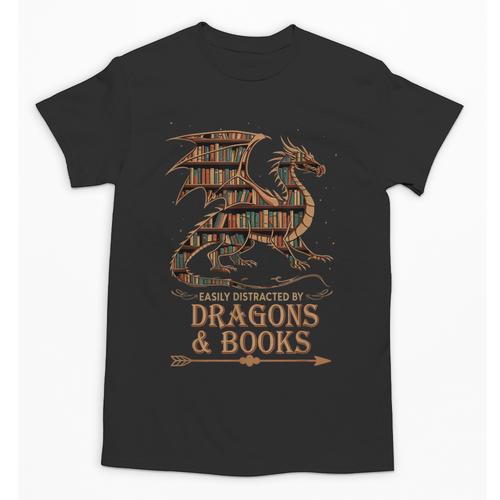 Easily Distracted By Dragons And Books Library Dragon Lover Unisex T-Shirt - Bookorys CA