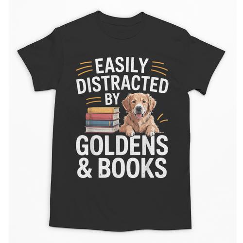 Easily Distracted By Goldens & Books Golden Retriever Dog Unisex T-Shirt - Bookorys UK
