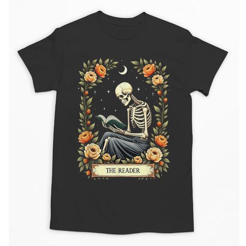 Floral Tarot Card The Reader Skeleton Reading Book Unisex T-Shirt - Bookorys
