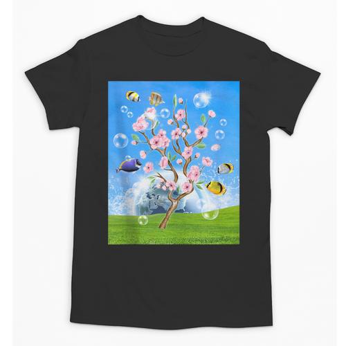 Frutiger Aero Aesthetic Tech Cherry Blossom Fishes Bubbles Unisex T-Shirt - Figerry