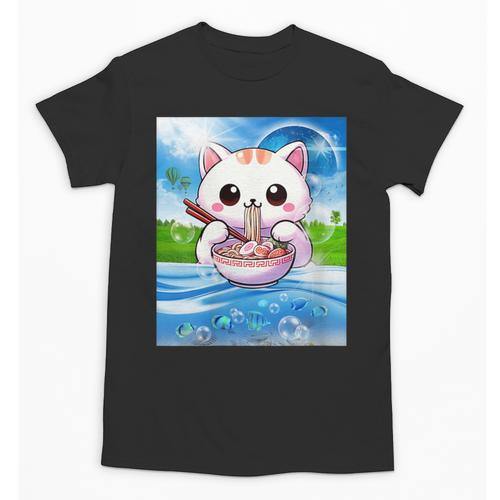 Frutiger Aero Aesthetic Tech Kawaii Ramen Cat Fishes Unisex T-Shirt - Figerry