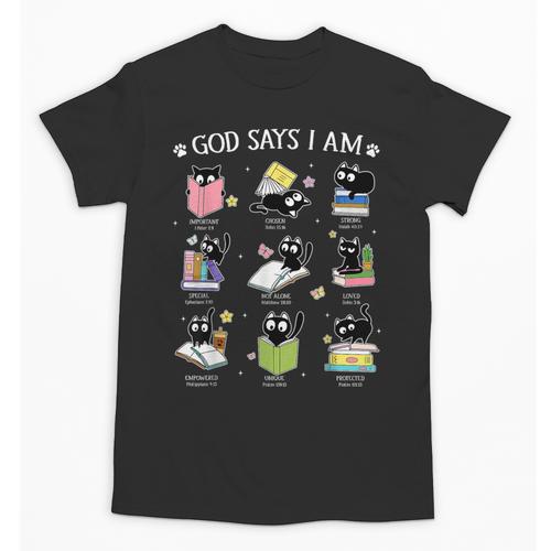 God Says I Am Cat Book Lover Christian Cute Jesus Girls Kids Unisex T-Shirt - Bookorys AU