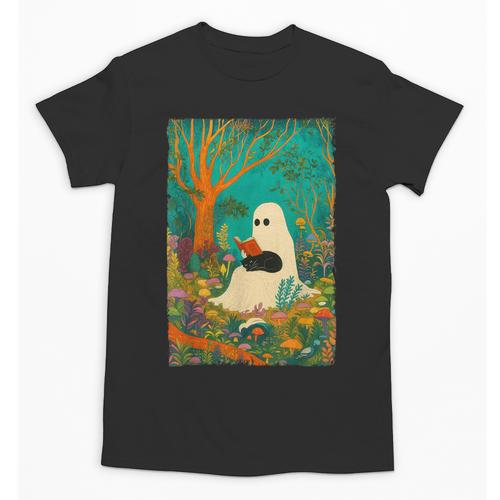 Groovy Ghost Reading Book Cat Halloween Ghost Teacher Unisex T-Shirt - Bookorys AU