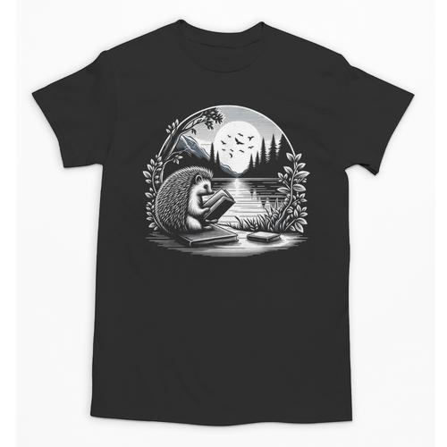 Hedgehog Reading Book Full Moon Lake Scenery Unisex T-Shirt - Bookorys CA