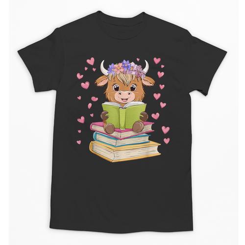 Highland Cow Reading Book Floral Bookworm Unisex T-Shirt - Bookorys CA