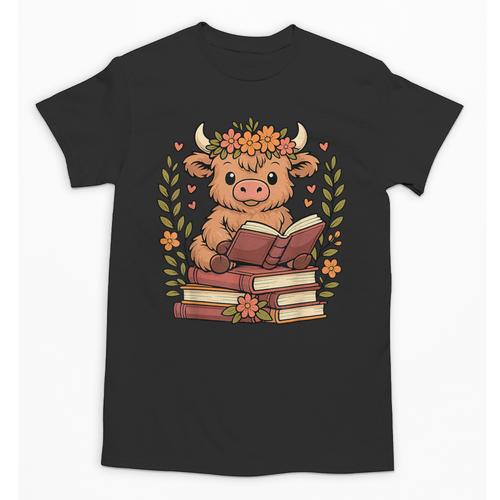 Highland Cow Reading Book Graphic Cow With Book Floral Unisex T-Shirt - Bookorys DE