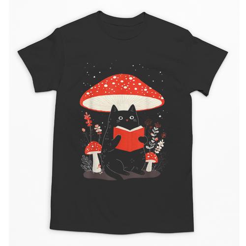 Kawaii Cottagecore Mushroom Cat Reading a Book Unisex T-Shirt - Bookorys AU