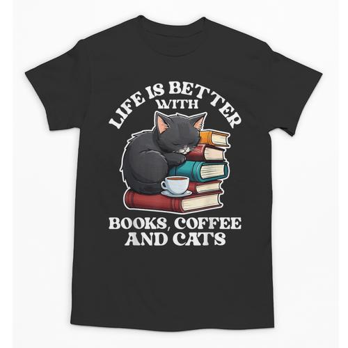 Life Is Better With Books Cats & Coffee Librarian Book Lover Unisex T-Shirt - Bookorys