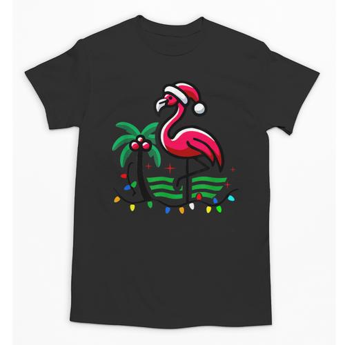 Nostalgia Holiday Tees -Adult Christmas Flamingo Small Short Sleeve Crew Neck Cotton Polyester Lightweight Ribbed Cuff Winter Unisex T-Shirt - Figerry