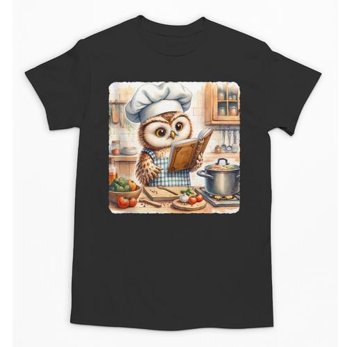 Owl Learning To Cook With Cookbook Chef Apron Stove Cooking Unisex T-Shirt - Bookorys CA