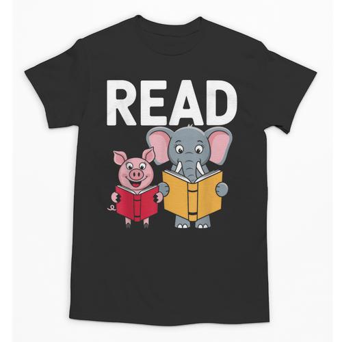 Pig Elephant Reading Cute Book Lover Bookworm Boys Girls Kid Unisex T-Shirt - Bookorys AU
