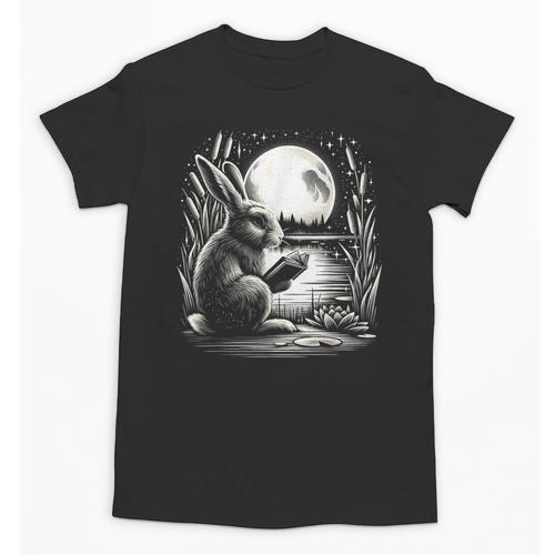 Rabbit Reading Book Full Moon Lake Scenery Unisex T-Shirt - Bookorys