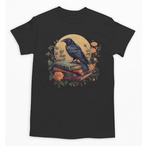 Raven Reading Book Occult Crow Cottagecore Botanical Flowers Unisex T-Shirt - Bookorys CA