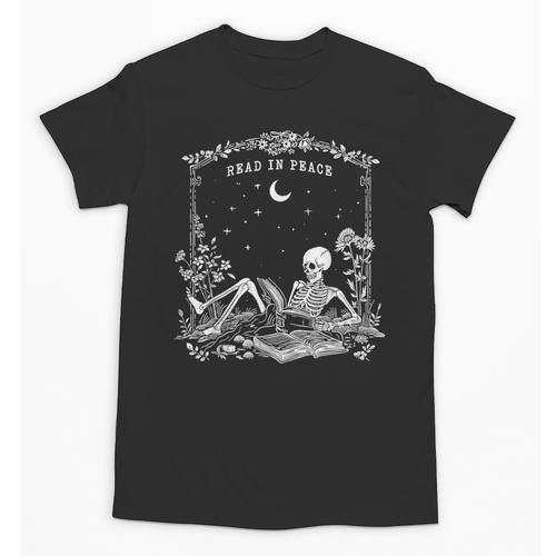 Read In Peace Skeleton Reading Book Halloween Bookish Unisex T-Shirt - Bookorys