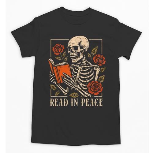 Read In Peace Skeleton Reading Book Halloween Teacher Unisex T-Shirt - Bookorys